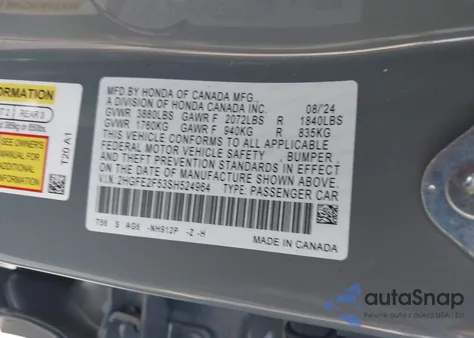 2025 Honda Civic Sport из США, поврежденный, VIN 2HGFE2F53SH524964